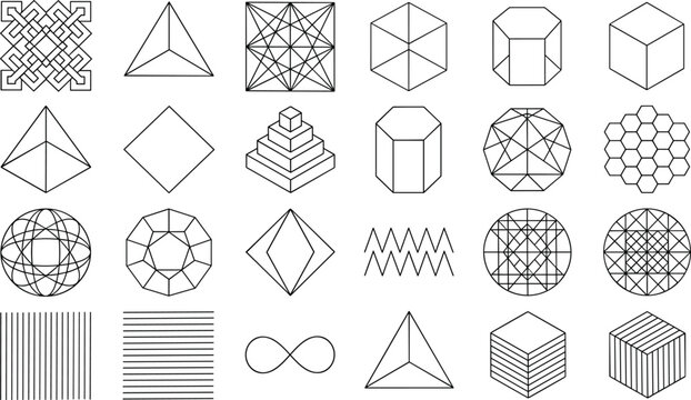 Vector set of outline geometric shapes 3d wireframe polyhedra mathematical symbols and abstract line patterns