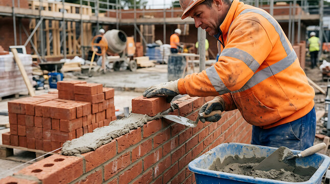 Construction worker laying bricks on building site 5.