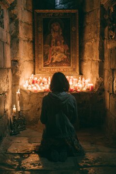 Silent devotion of a woman with her back turned praying before the image of the Virgin Mary with votive candles inside a medieval stone church.