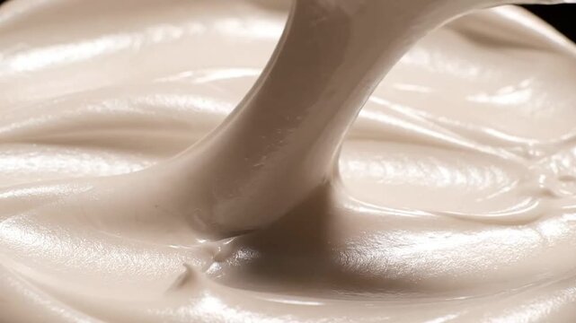 Close up view of white cosmetic cream being stirred with a spatula, smooth viscous texture for skincare product marketing, luxury beauty lotion application for advertising