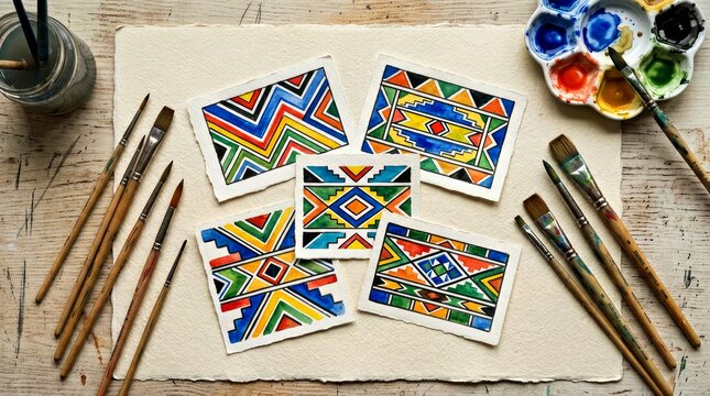 Abstract Geometric Art Pieces on Rustic Wooden Table