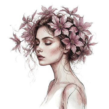 Woman profile portrait featuring a sensual face with closed eyes and floral hair isolated on a transparent background