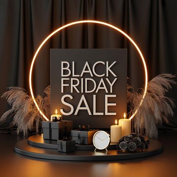 Elegant black friday sale sign with glowing neon circle frame and decorative candles on a dark background