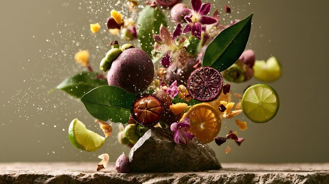 An ingredient explosion composition featuring mangosteen, tropical flowers, lush leaves, water droplets, citrus slices, and exotic fruit pieces suspended in mid-air above natural stone