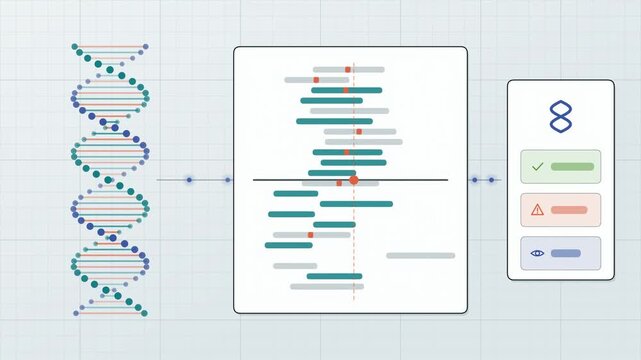 Abstract animated genome read base by base during sequencing drawn as cyan and teal lines and shapes on a bright, clean light background. Seamless looping 4K motion graphics video with free space for 