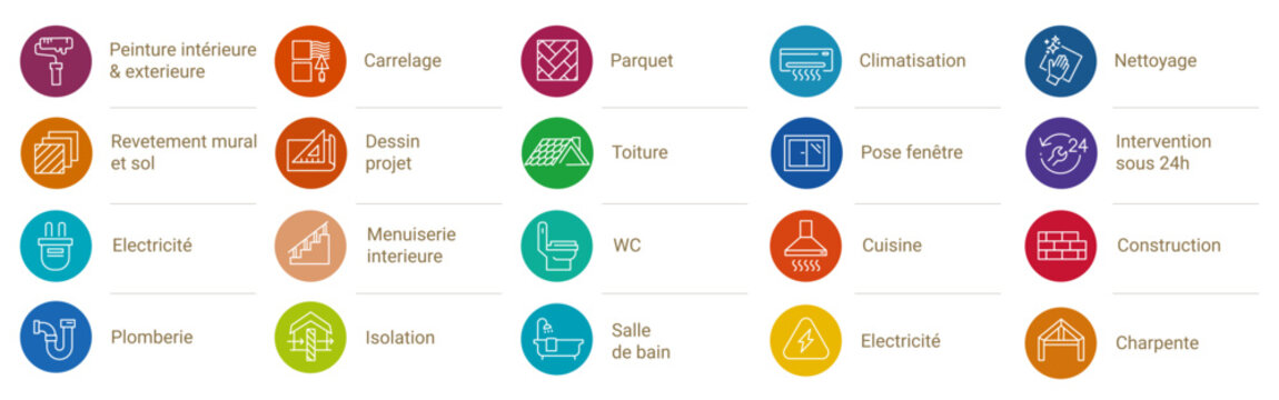 Ic&ocirc;nes des prestations de travaux pour la maison  :  &Eacute;lectricit&eacute;, Plomberie, Carrelage, ...