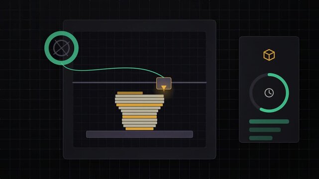 Abstract animated part built up layer by layer in additive manufacturing drawn as amber and orange lines and shapes on a deep dark background. Seamless looping 4K motion graphics video with free space