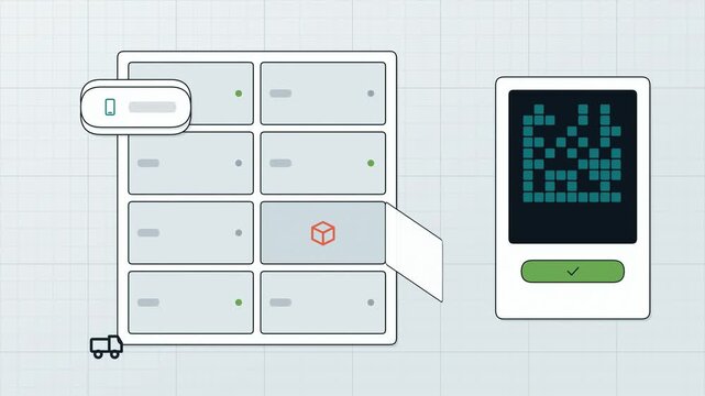 Abstract animated parcel collected from a smart locker drawn as cyan and teal lines and shapes on a bright, clean light background. Seamless looping 4K motion graphics video with free space for text, 