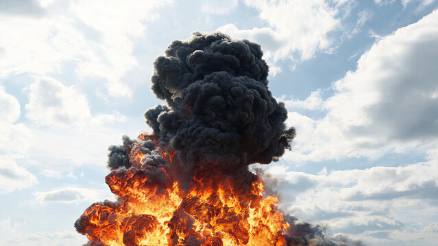 A large explosion produces bright orange flames and thick black smoke rising into a partly cloudy daytime sky.