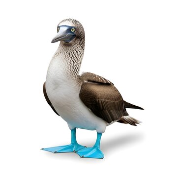 Blue-footed booby bird standing isolated on white background, marine wildlife photography.