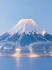 Fototapeta premium Mount Fuji recreated as a stylized transparent inflatable landscape sculpture, symmetrical volcanic cone with a softly inflated snowcap and subtle folds, luminous translucent edges