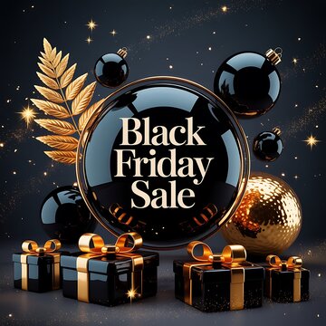 Black friday sale promotional background with elegant black and gold gift boxes and decorative christmas baubles