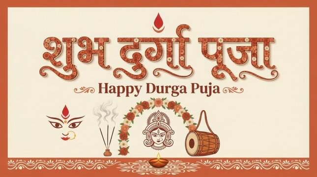 Happy durga puja minimalist horizontal card with floral text art traditional icons and decorative border on beige canvas.