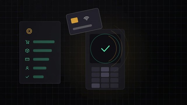 Abstract animated contactless payment accepted at a terminal drawn as amber and orange lines and shapes on a deep dark background. Seamless looping 4K motion graphics video with free space for text, i