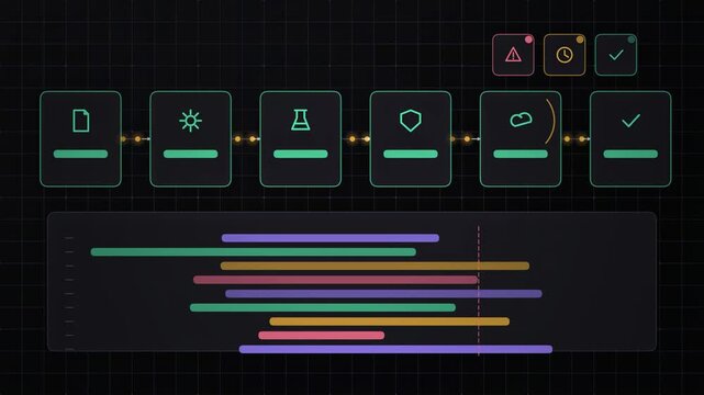 Abstract animated code moving through a delivery pipeline drawn as blue and cyan lines and shapes on a deep dark background. Seamless looping 4K motion graphics video with free space for text, ideal f