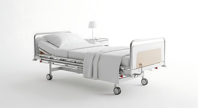 A modern adjustable hospital bed with a white sheet and pillow in a bright room with plain white background