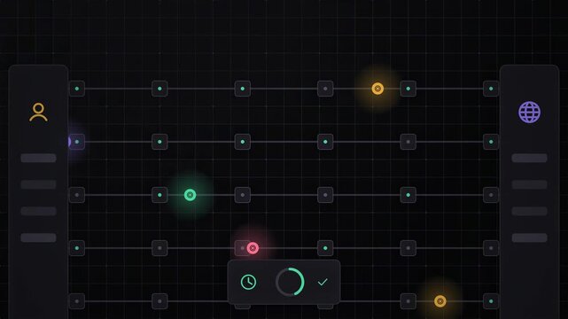 Abstract animated funds settling across payment rails drawn as blue and cyan lines and shapes on a deep dark background. Seamless looping 4K motion graphics video with free space for text, ideal for b
