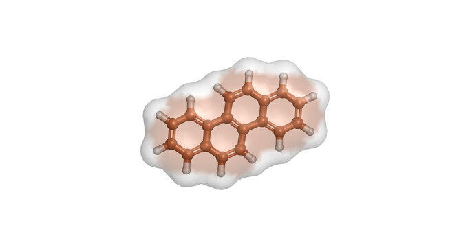 Chrysene, polycyclic aromatic hydrocarbon (PAH) and environmental pollutant found in coal tar, crude oil, and combustion byproducts, 3D molecule 4K