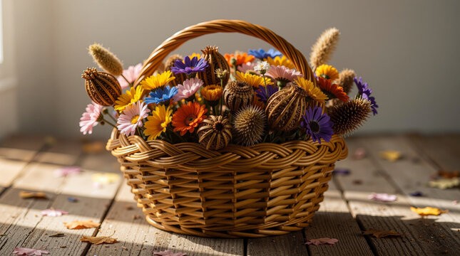 dried wildflowers and seedpods in a wicker basket