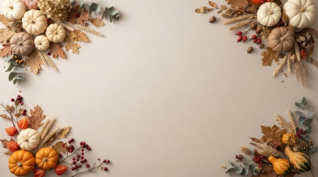 Four corner autumn frame of colorful pumpkins wheat and leaves on beige background with copy space
