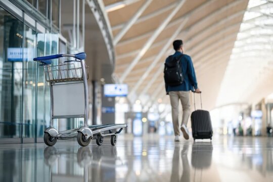 Traveler walks through an airport terminal while pulling a suitcase on a smooth floor near a baggage cart in the busy travel environment