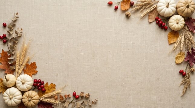 Minimalist fall border of white pumpkins eucalyptus and berries on beige canvas with copy space