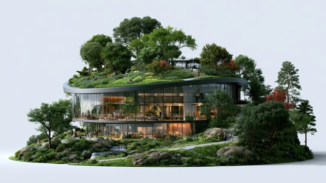 Isometric 3D view of futuristic commercial office building featuring lush dense green roof ecosystem with trees and sustainable paths.