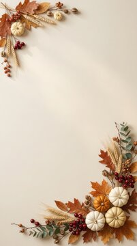 Vertical autumn border with white and orange pumpkins on clean beige background with copy space