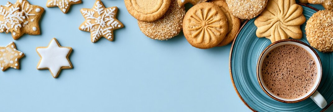 Delicious christmas bakery spread with gingerbread cookies and hot chocolate on a festive blue background
