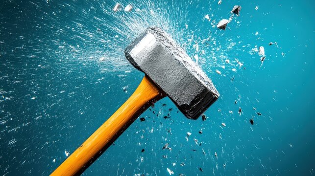 Hammer smashing rock, blue background, debris flying, power concept
