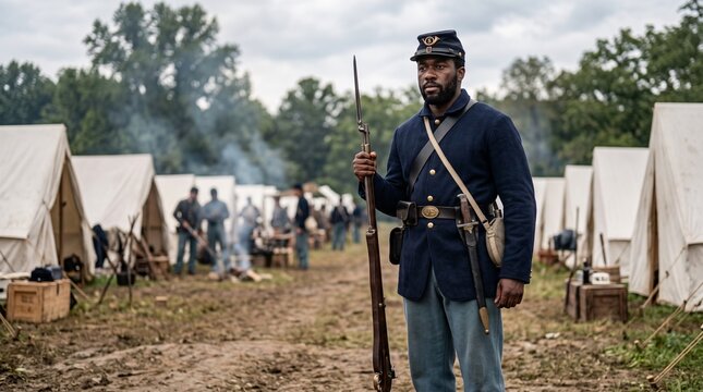 An African American Union soldier stands guard with a rifle in a Civil War military camp with tents and other soldiers.
