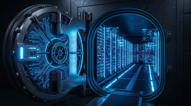 Open vault door with glowing blue circuits revealing a secure data center server room.