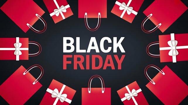 Black friday sale background with red shopping bags arranged in a circle on a dark surface