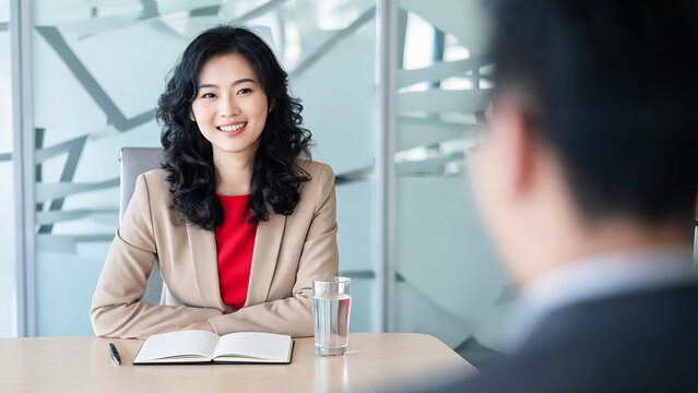 A smiling professional woman participates in a business interview at an office table with notebook, pen and water glass.