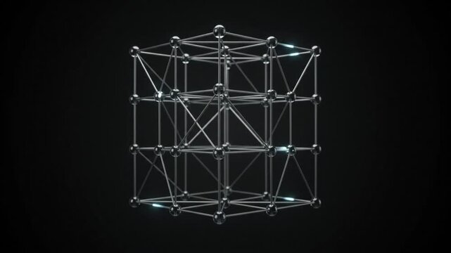A complex geometric structure made of interconnected metal rods and spheres, resembling a molecular model or abstract sculpture.