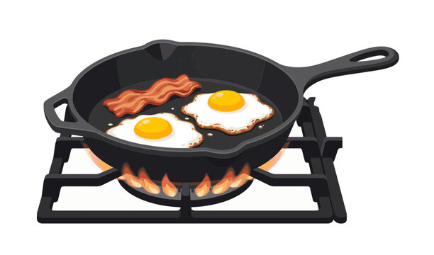 Vector illustration of eggs and bacon frying in a cast iron skillet on a gas stove.