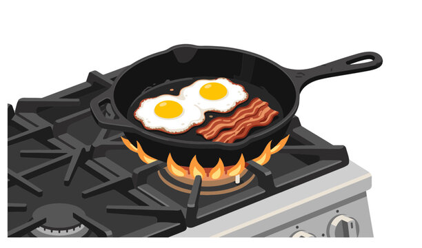 Isometric illustration of bacon and sunny-side-up eggs frying in a cast iron skillet on a gas stove burner.