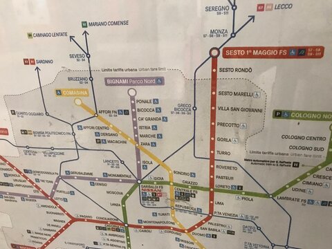 MILAN, ITALY - MAY 12, 2017: Milan Metro network map displayed inside a station. The photograph documents the visible surroundings and travel setting as seen on the stated date.
