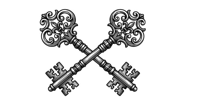 Crossed antique Victorian keys vintage engraving black and white vector illustration