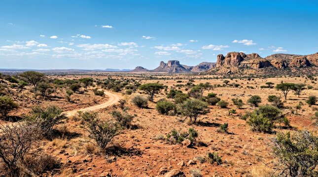 Arid Desert Landscape With Rocky Hills and Dirt Road Under Clear Sky