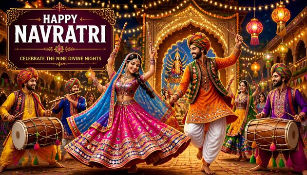 Happy navratri celebration with traditional garba dancers and music, navratri
