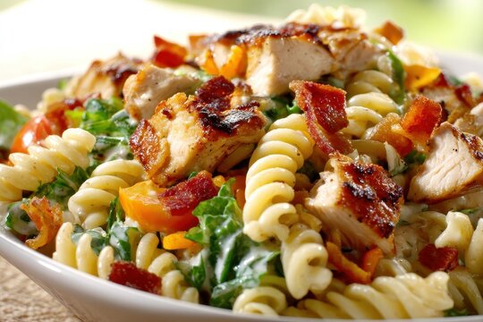 Creamy Chicken Club Pasta Salad with Fusilli, Crispy Bacon, Fresh Kale, and Cherry Tomatoes in a White Bowl, Bright Natural Daylight, Healthy Gourmet Summer Meal, Appetizing Tabletop Presentation