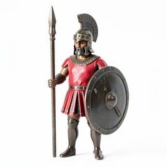 Fototapeta premium Ancient greek hoplite toy soldier in bronze helmet with crest, red tunic, round shield, and spear on white background