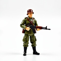 Fototapeta premium Wwii soviet red army toy soldier in olive uniform with ushanka hat and submachine gun on white background