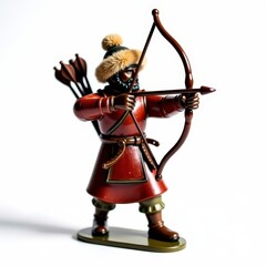 Obraz premium Mongol archer toy soldier wearing traditional lacquered armor and fur hat with bow drawn and quiver of arrows on white background