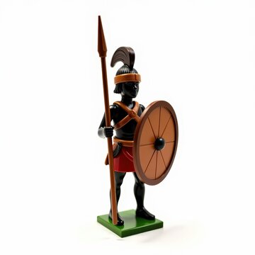 Zulu warrior toy soldier with traditional shield, spear, and feathered headband in historical attire on white background
