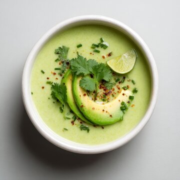 Creamy chilled avocado lime soup served in a rustic ceramic bowl garnished with fresh cilantro, avocado slices, and red pepper flakes on a minimalist grey surface with bright soft lighting.