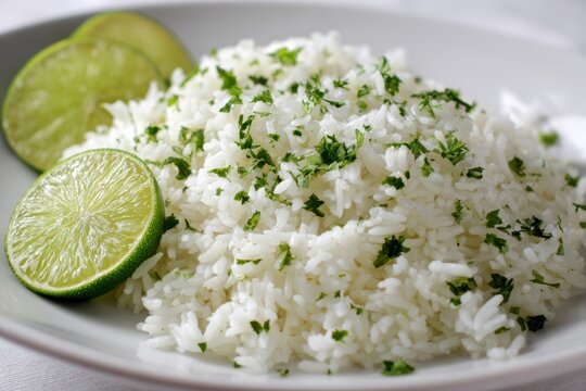 Freshly steamed white basmati rice tossed with vibrant green chopped cilantro and served with zesty lime slices on a white ceramic plate under bright natural light for a healthy side dish.