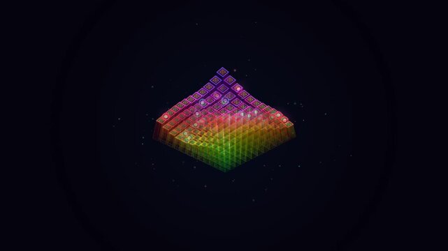 Abstract colorful glowing grid of square blocks in a 3d isometric view on a dark background showing digital data visualization and futuristic technology concept 4K Motion Video