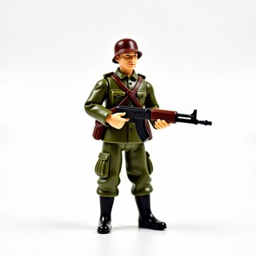 Wwii soviet red army toy soldier in olive uniform with ushanka hat and submachine gun on white background